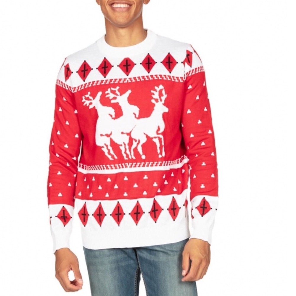 Tipsy Elves Reindeer Humping Sweater Mens Large Red White Fair Isle Funny